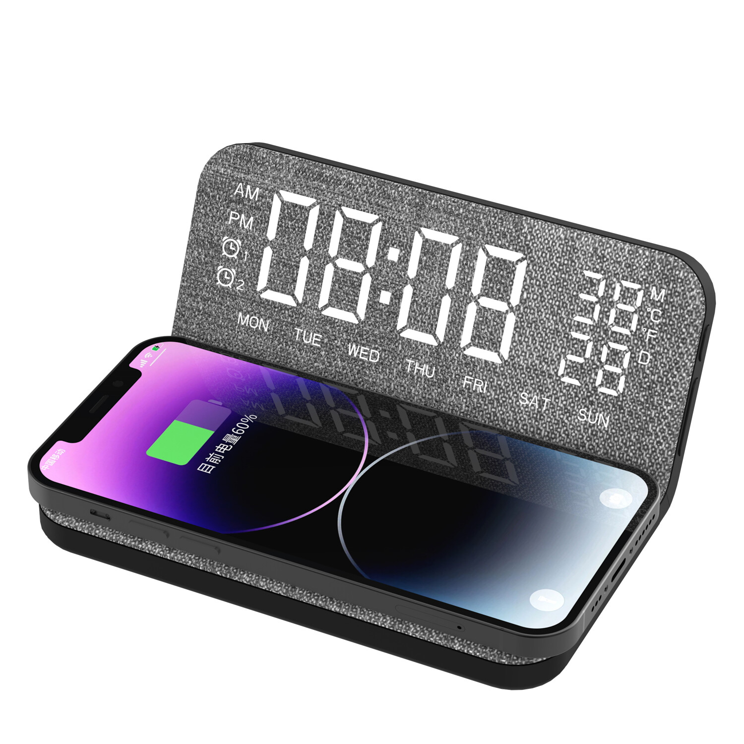 Alarm Clock with Wireless Charger - Grey Image 2