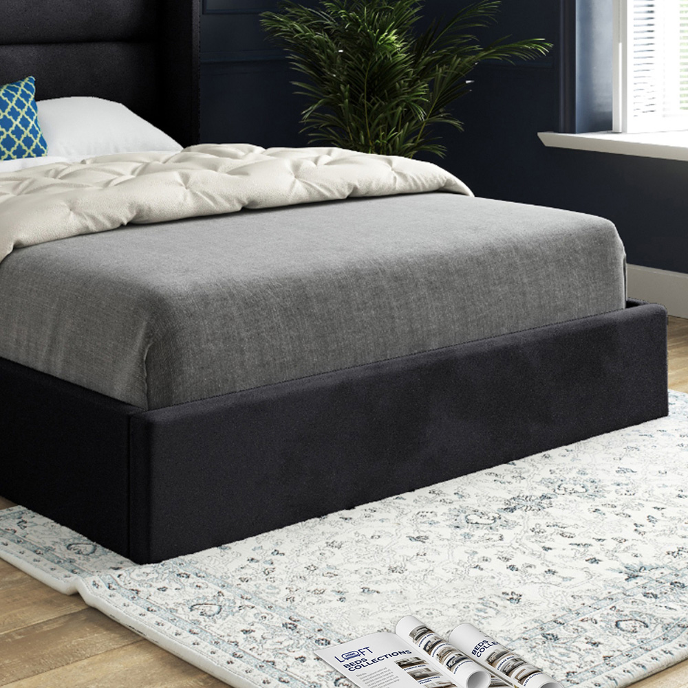 Nuno Black Single Velvet Upholstered Bed Frame with Straight Winged Headboard Image 4