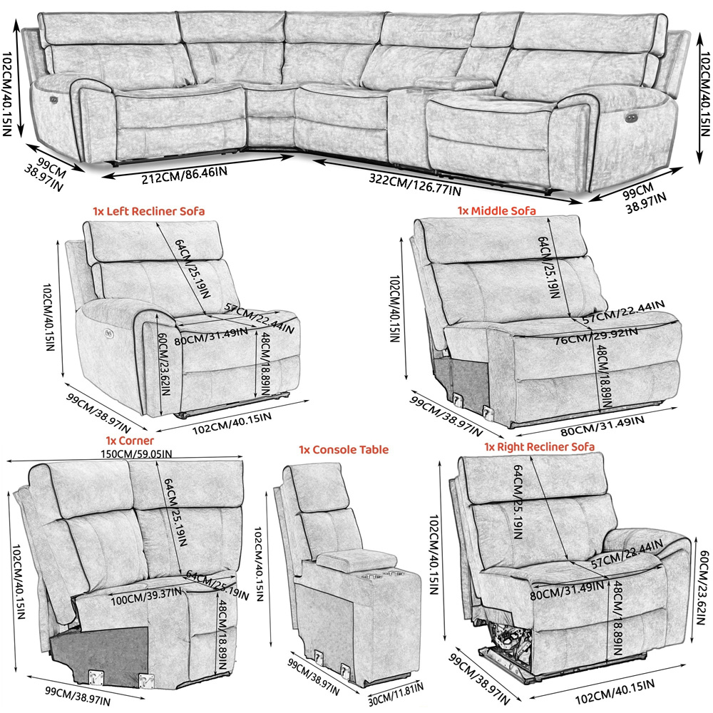Furniture One 4 Seater Dark Grey Power Corner Recliner Sofa Set with Cup Holders Image 8