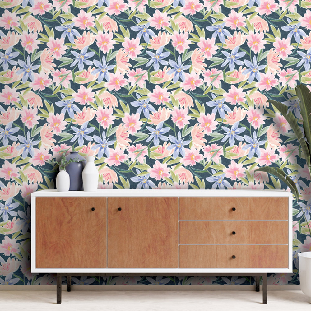 Arthouse Watercolour Floral Navy Wallpaper Image 5
