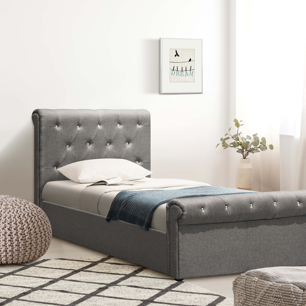 Brooklyn Single Grey Linen Fabric Diamante Chesterfield Bed Frame Image 1