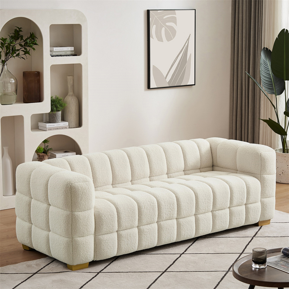 Furniture One 3 Seater White Teddy Fleece Sofa with 2 Pillows Image 8