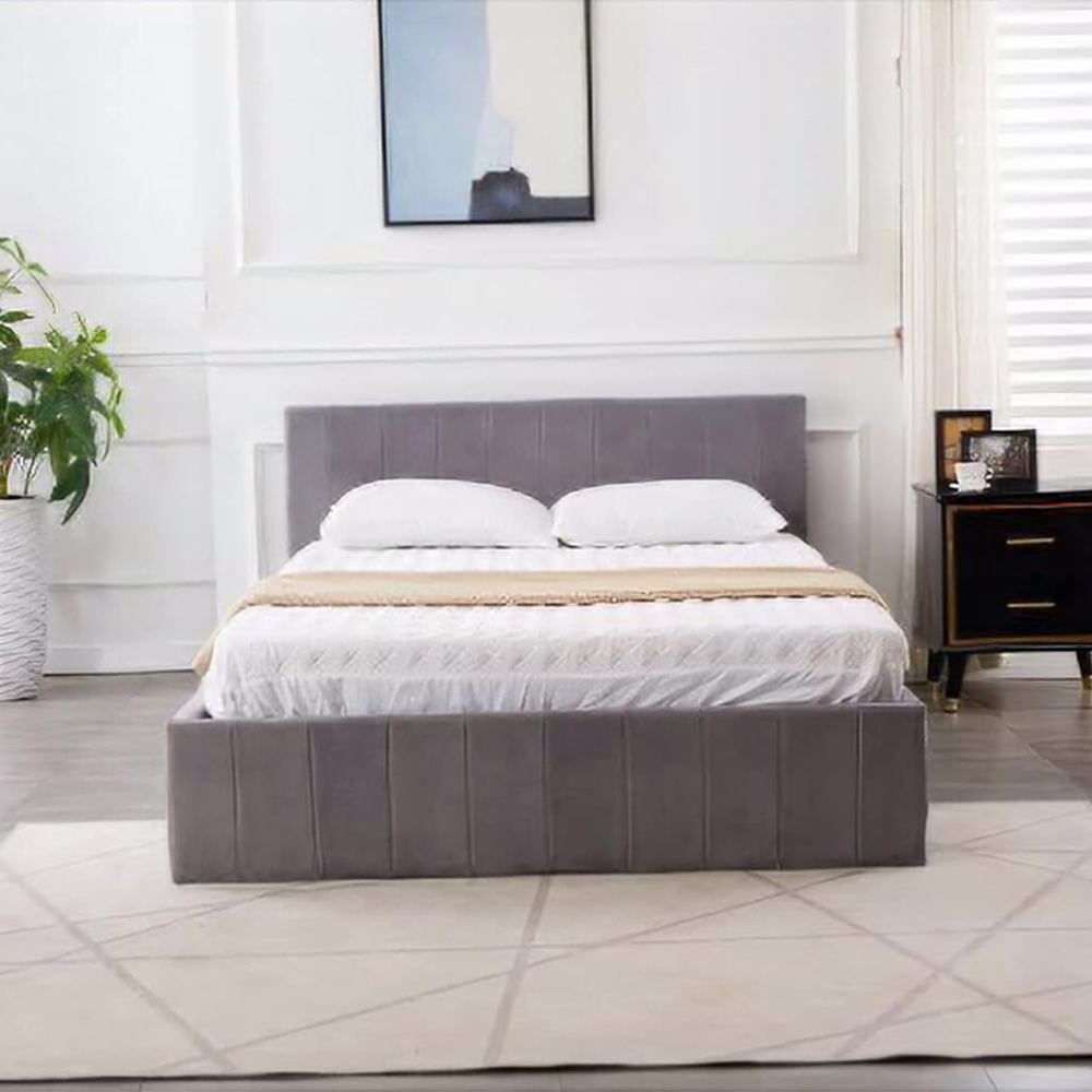 Portland Line Double Grey Velvet Ottoman Bed with Mattress Image 5