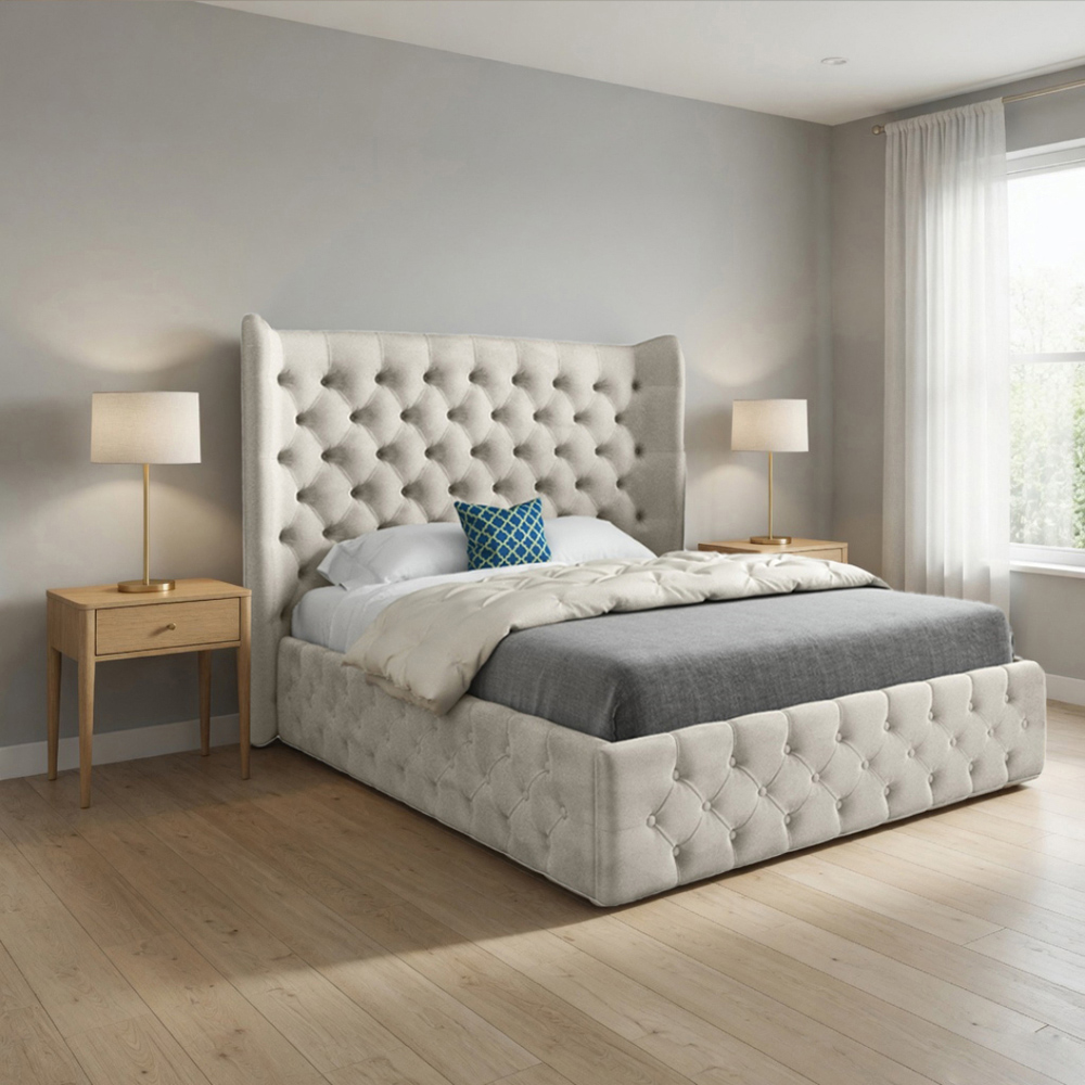 Florence Silver Single Velvet Upholstered Bed Frame with Wide Winged Chesterfield Headboard Image 5