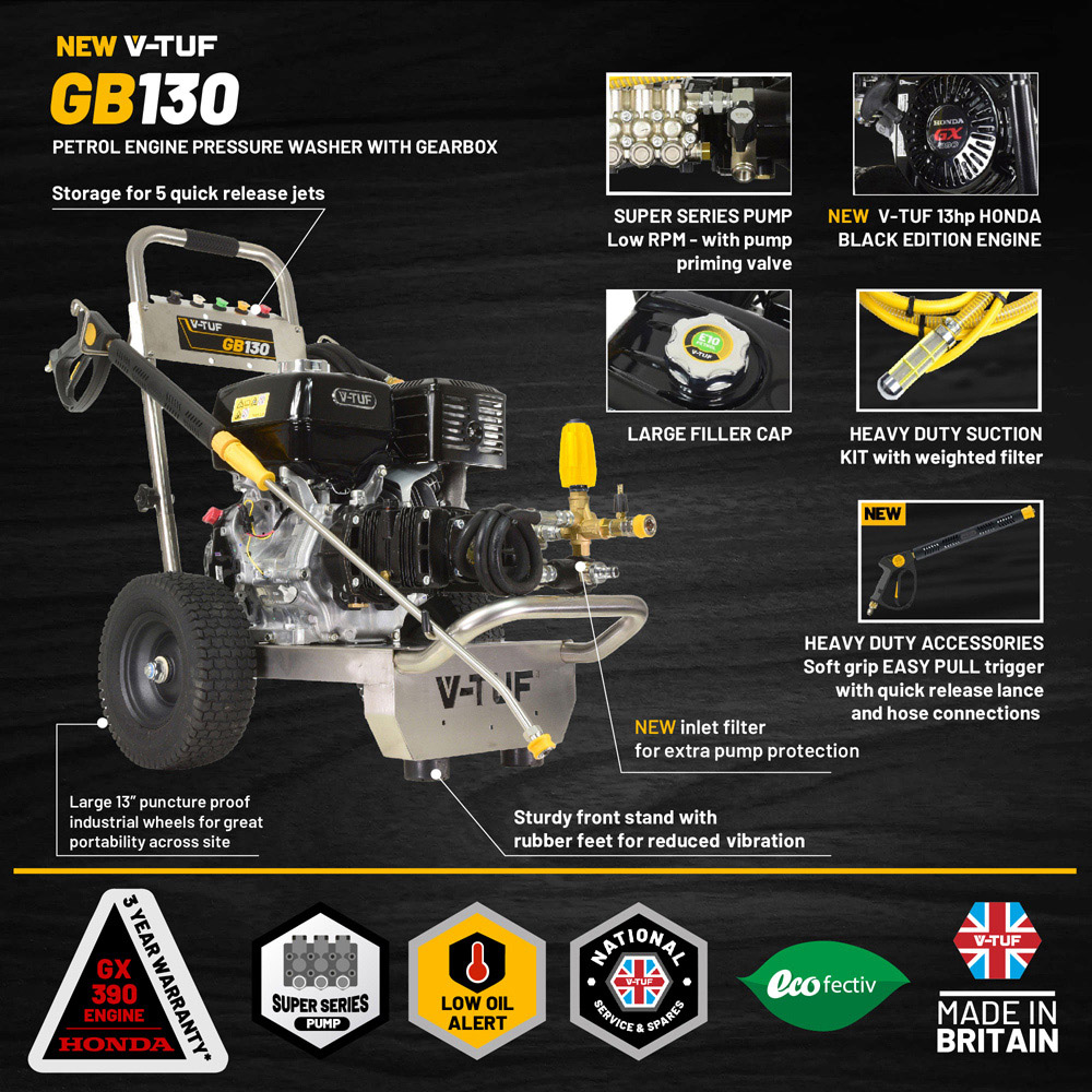 V-TUF GB130 13HP Industrial Gearbox Driven Honda Petrol Pressure Washer 250Bar Image 4