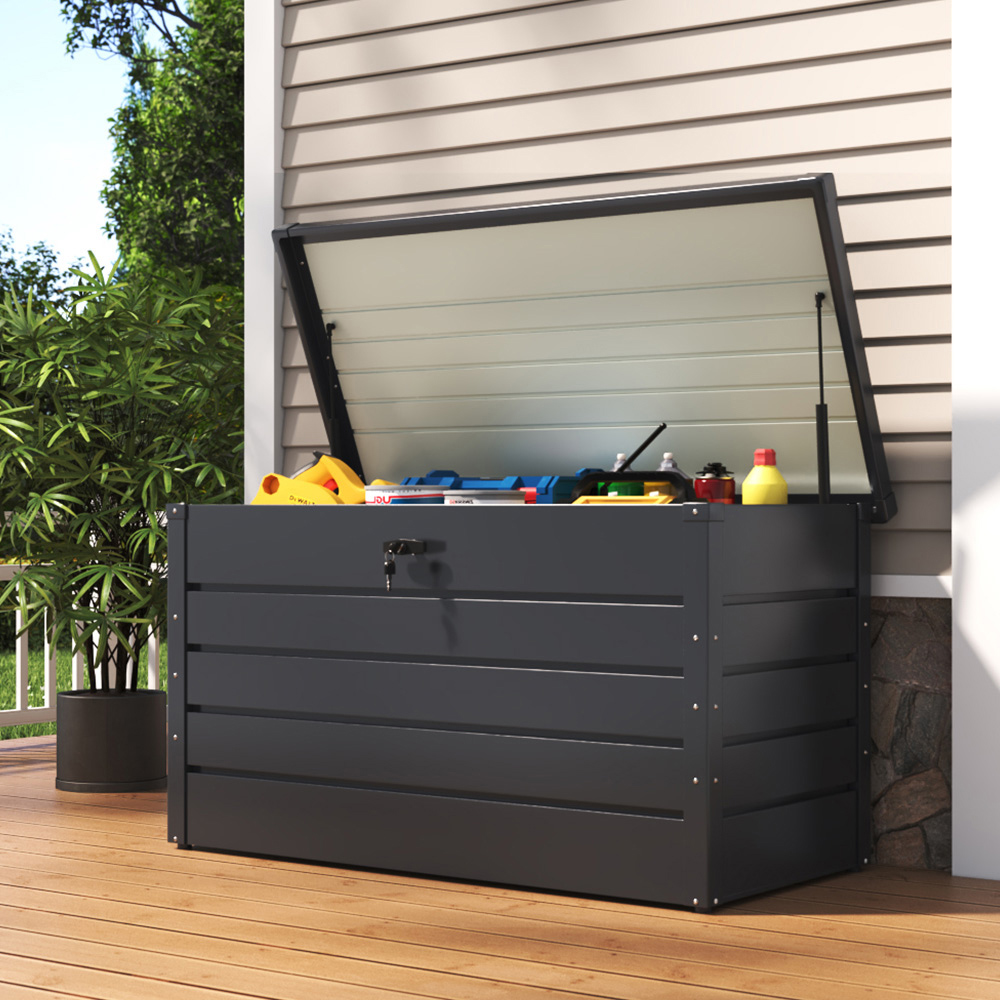 Living and Home 350L Charcoal Black Steel Lockable Garden Storage Box Image 2