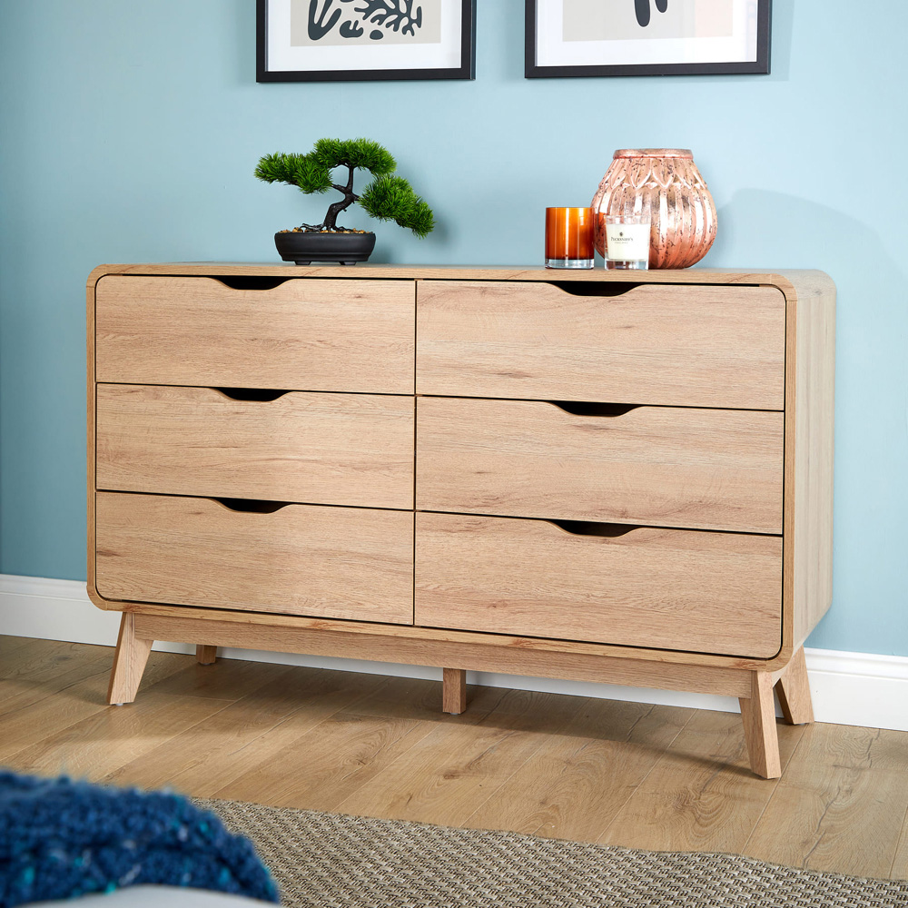 Home Source 6 Drawer Rustic Effect Wide Chest of Drawers Image 9