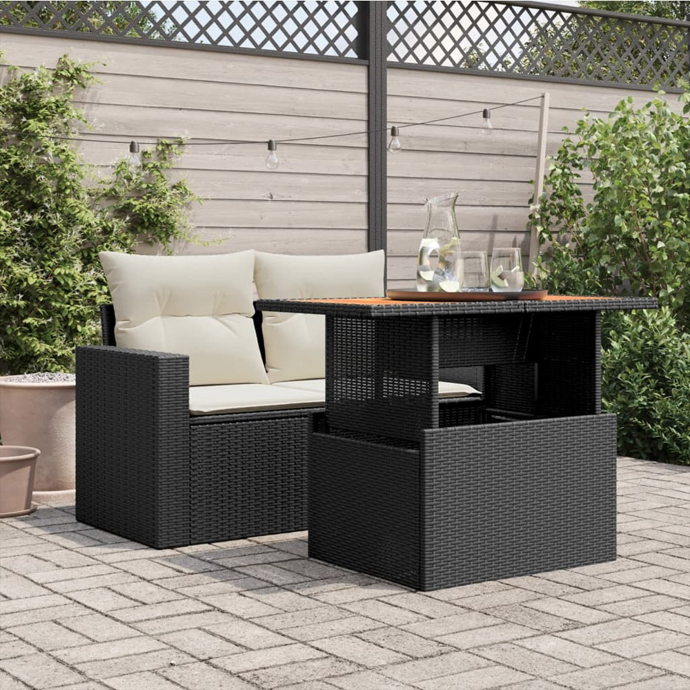 Walplus 2 Seater Black Poly Rattan Liftable Acacia Wood Top Convertible Garden Dining Table Image 9