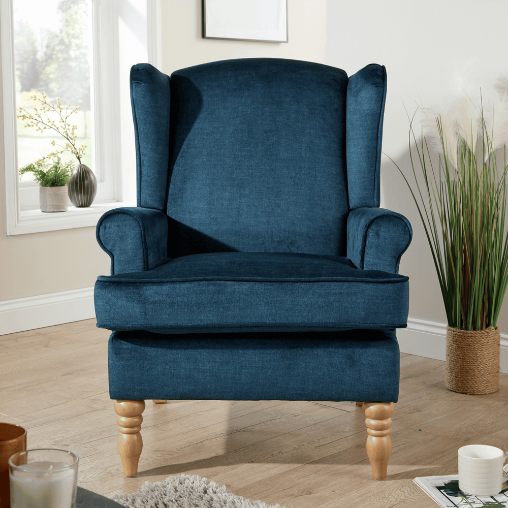 Home Source Helena Dark Blue Wingback Armchair with Wooden Legs Image 6
