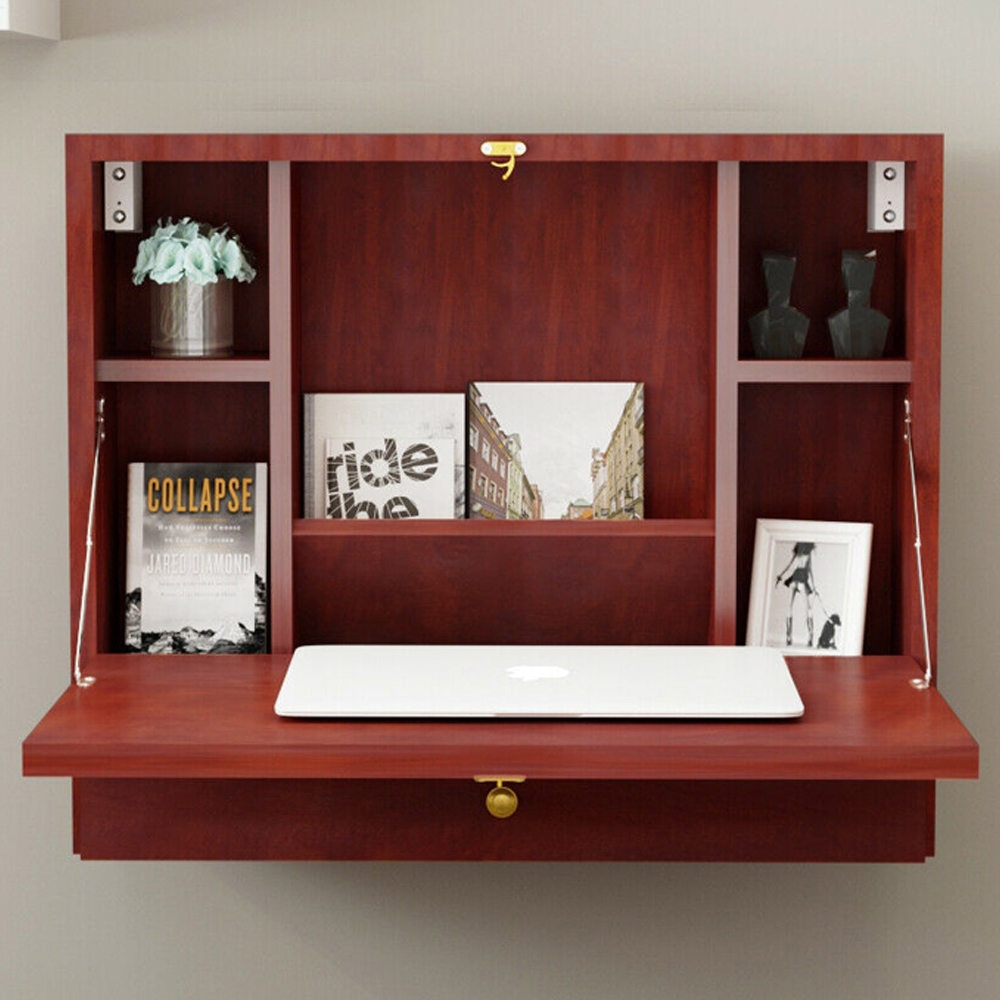Costway Single Drawer 6 Shelf Wall Mounted Foldable Desk Brown Image 1