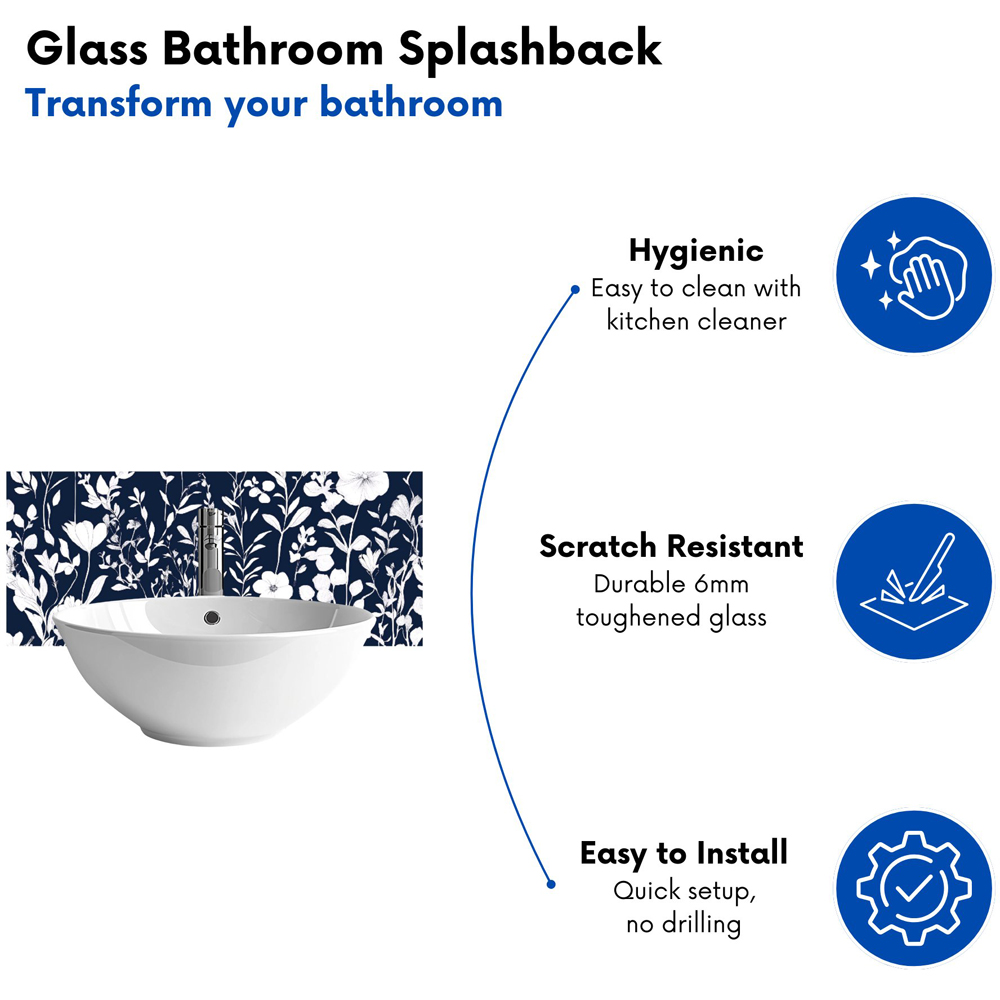 Warren Reed Designer Blue and White Floral Silhouette Glass Bathroom Splashback 25 x 60cm Image 4
