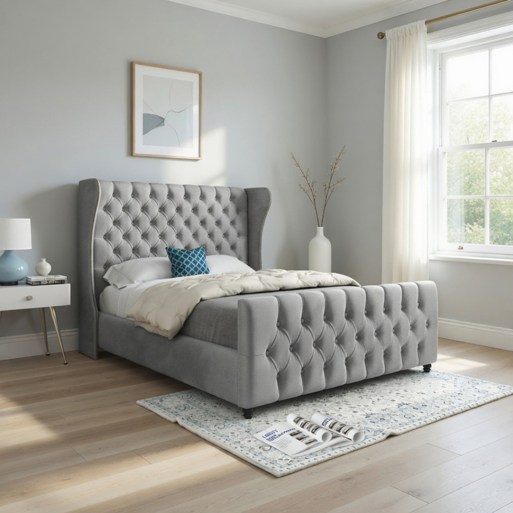 Donati Grey Small Single Velvet Upholstered Bed Frame with Straight Curved Top Headboard Image 5