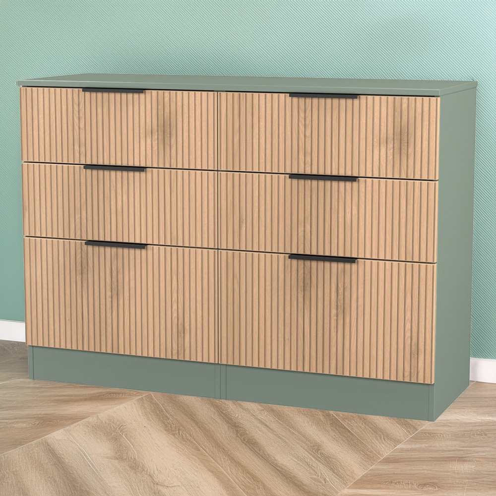 Crowndale Java 6 Drawer Slatt Effect and Reed Green Wide Midi Chest of Drawer Image 1