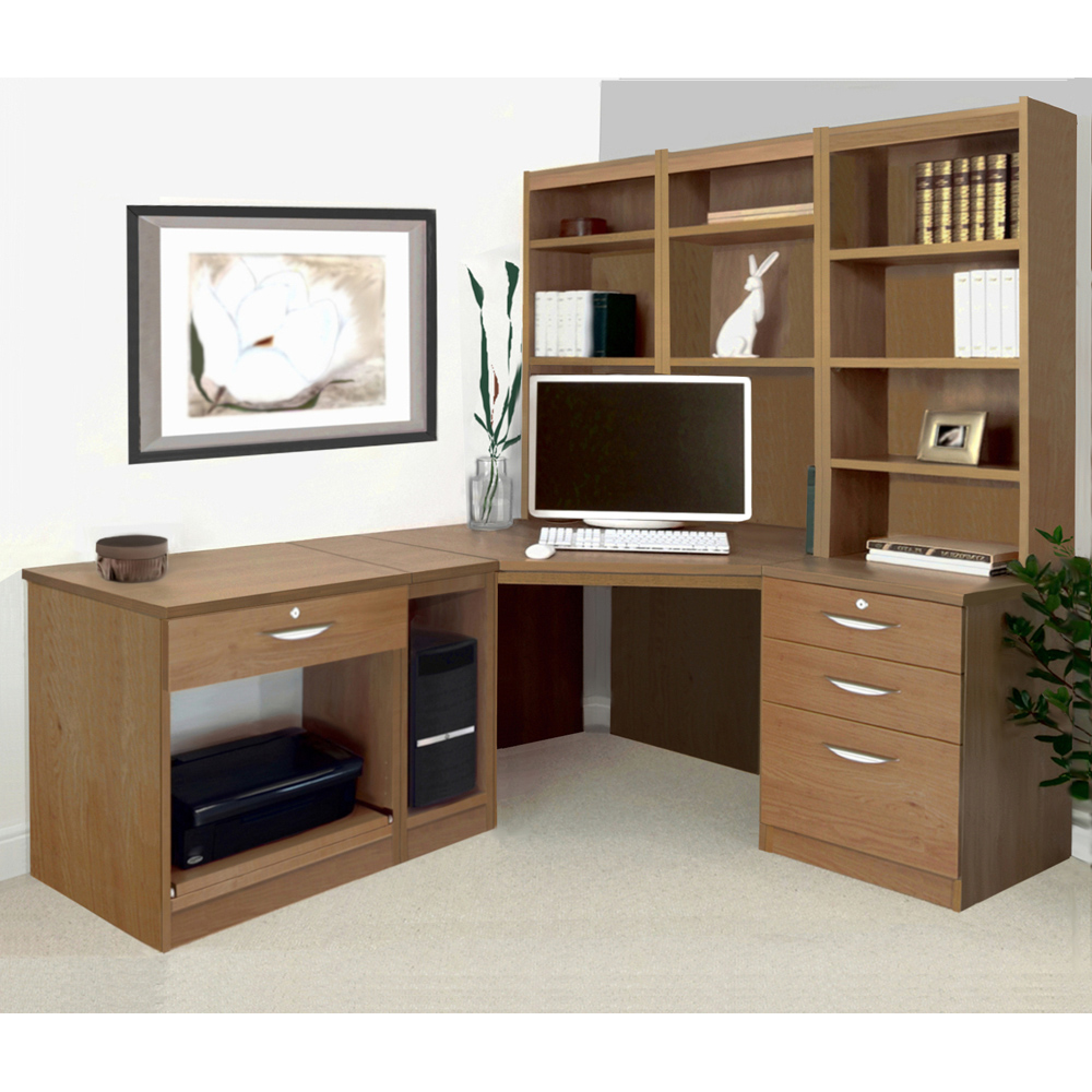 R White Cabinets 4 Drawer Corner Set-20 Computer Desk with Printer Shelf and Bookcase Brown Image 4