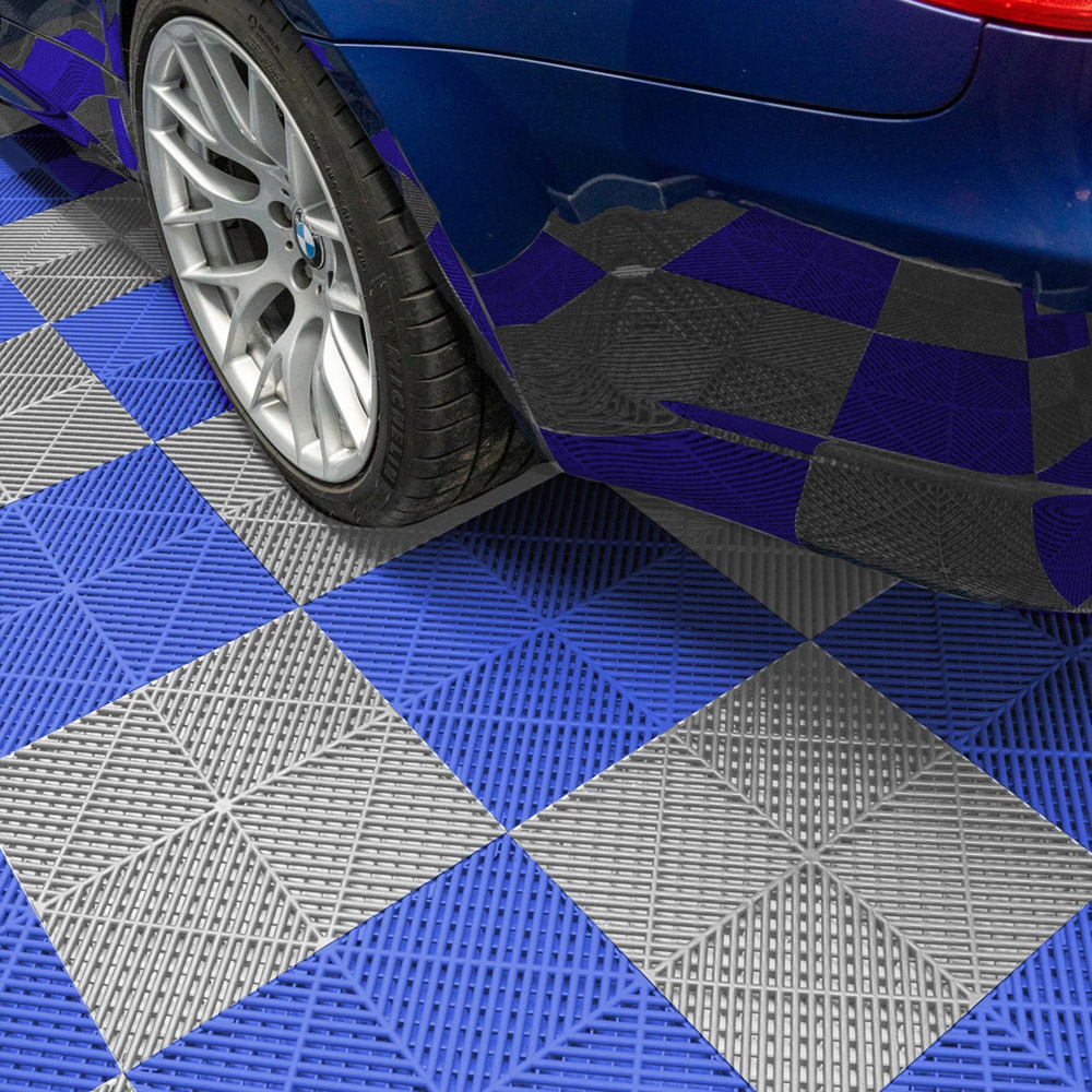 MonsterShop 60 Grey and 60 Blue Vented Garage Floor Tiles with Edges and 14 Hexagon LED Light Image 2