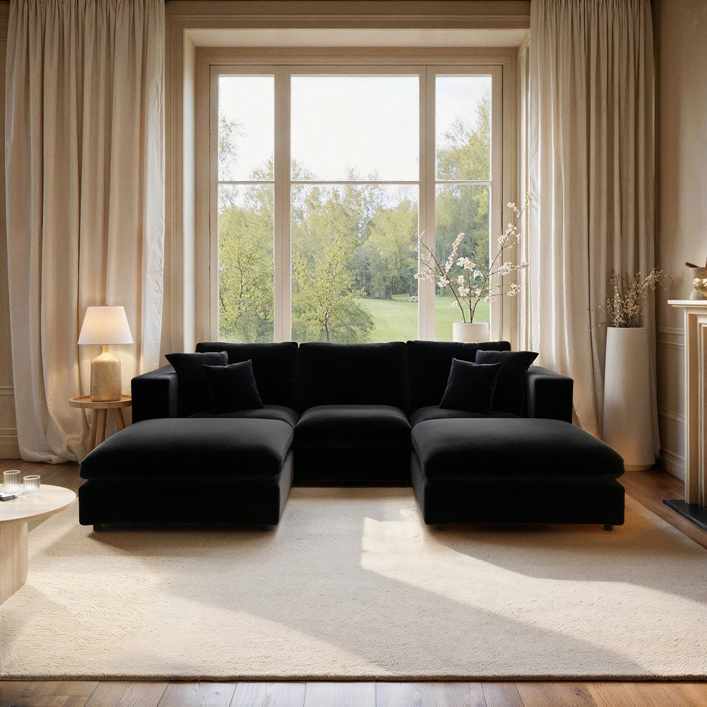 SOLACE+CO Asher 4 Seater Black Velvet U Shape Sofa with Footstool Image 6