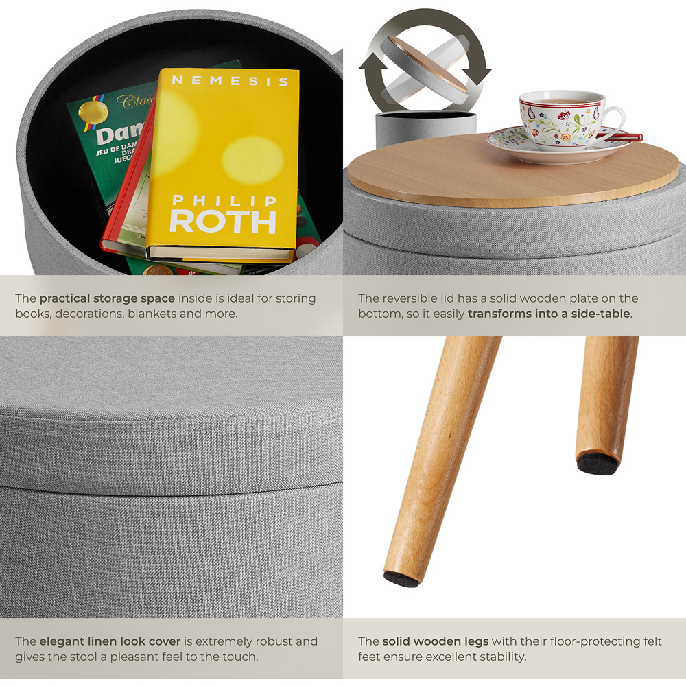 tectake Yara Light Grey Linen Look Padded Round Stool with Storage Image 5