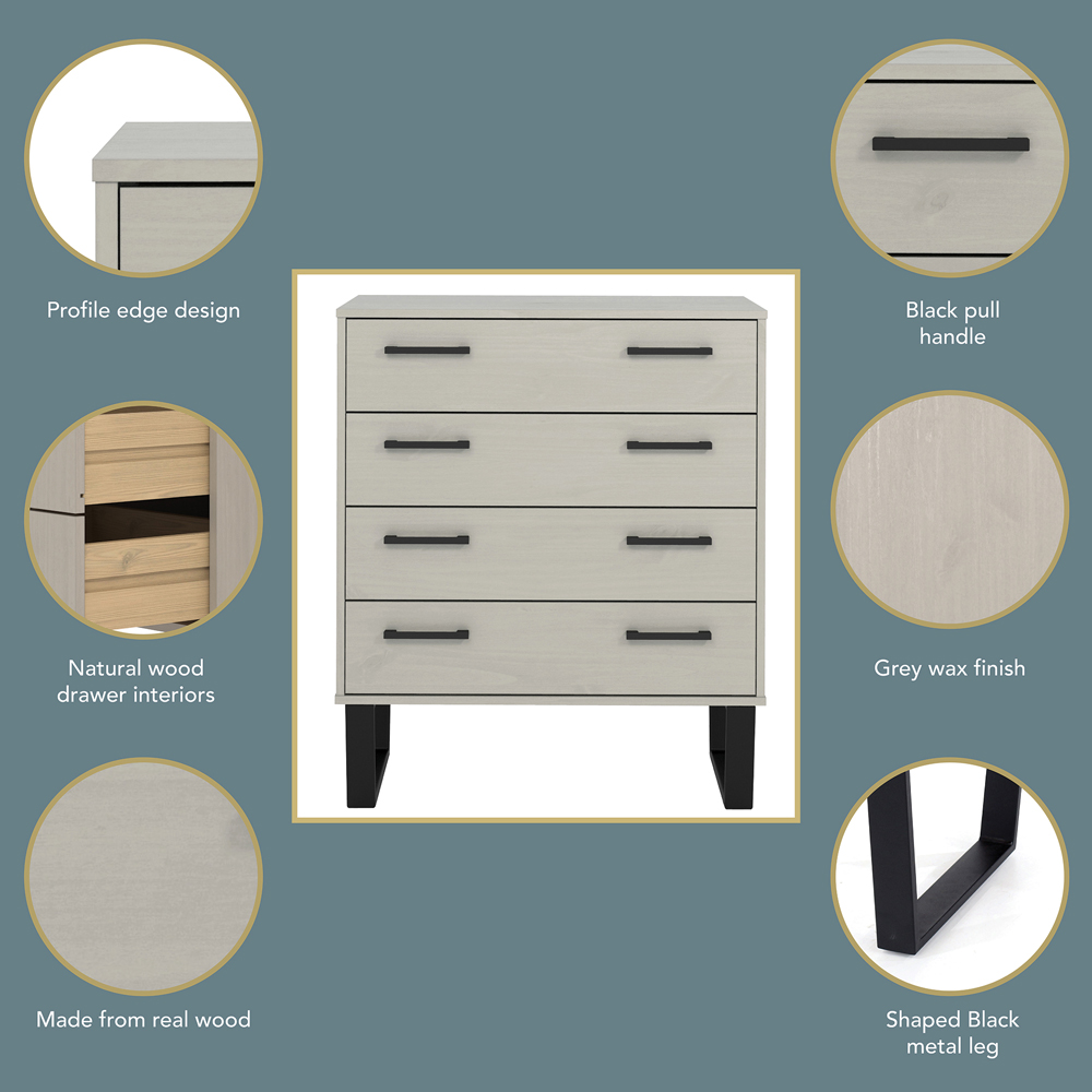 Core Products Texas 4 Drawer Grey Waxed Pine Chest of Drawers Image 5