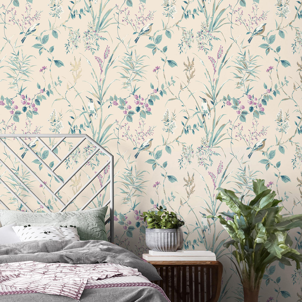Crown Mariko Floral Teal and Plum Wallpaper Image 7
