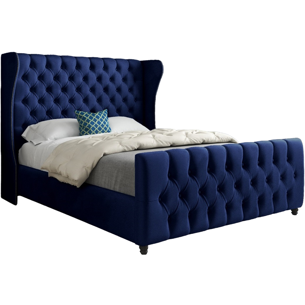 Donati Blue Small Double Velvet Upholstered Bed Frame with Straight Curved Top Headboard Image 2