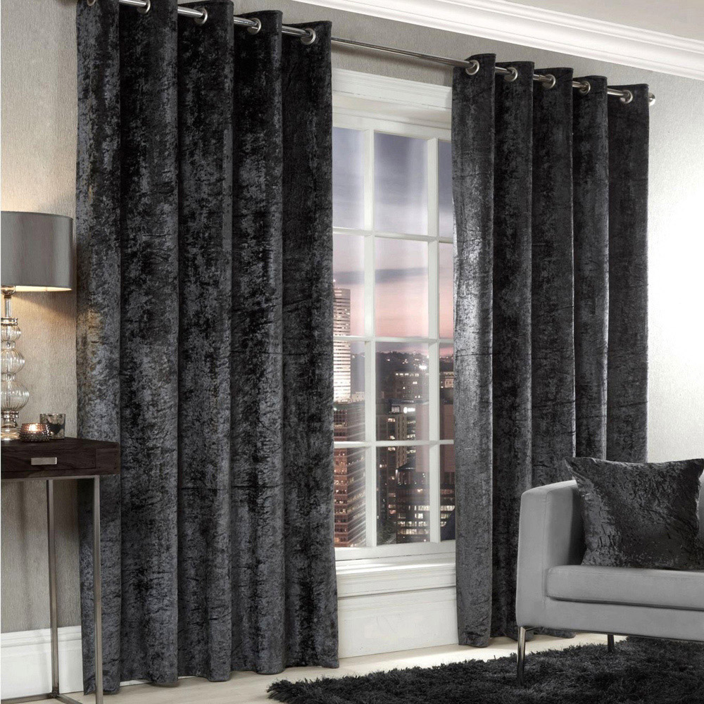 Alan Symonds Charcoal Crushed Velvet Ring Top Eyelet Curtains 229 x 183cm Image 2