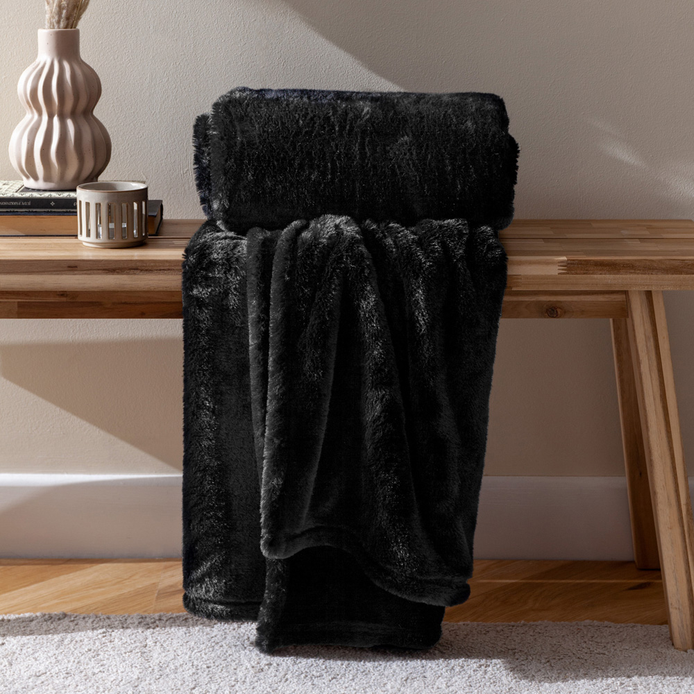 furn. Kallu Black Double-Sided Faux-Fur Throw 150 x 200cm Image 2