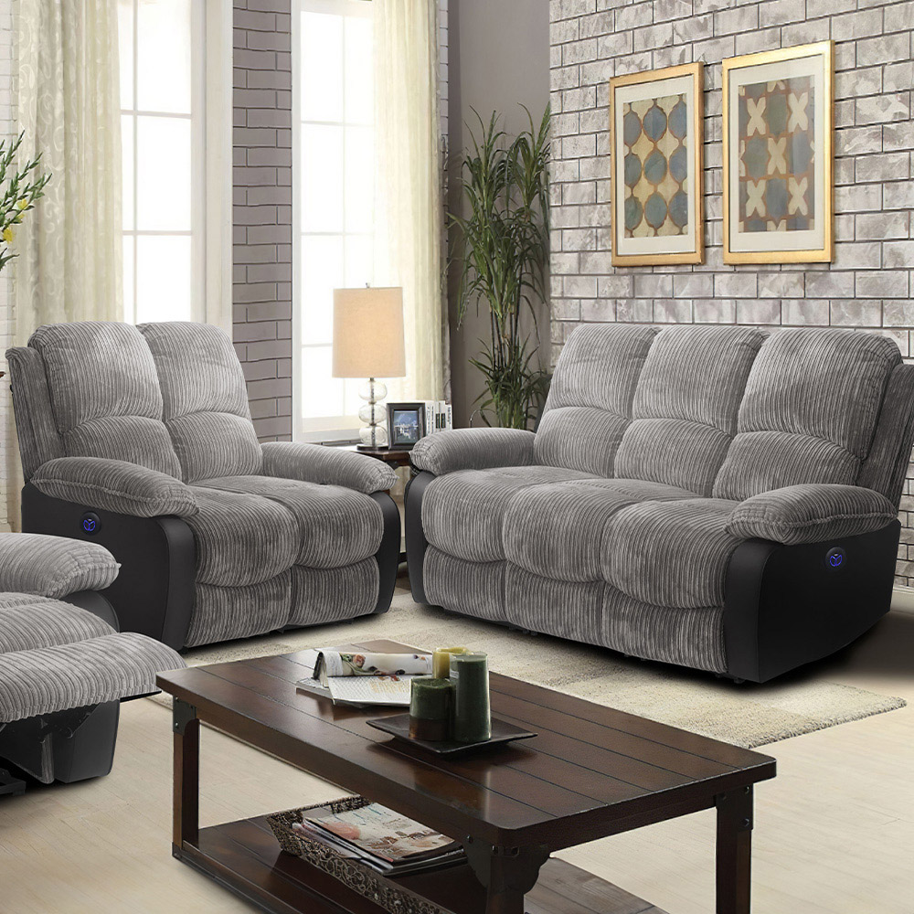 Comfy Living 5 Seater Grey Cord Fabric Electric Recliner Sofa Set Image 1