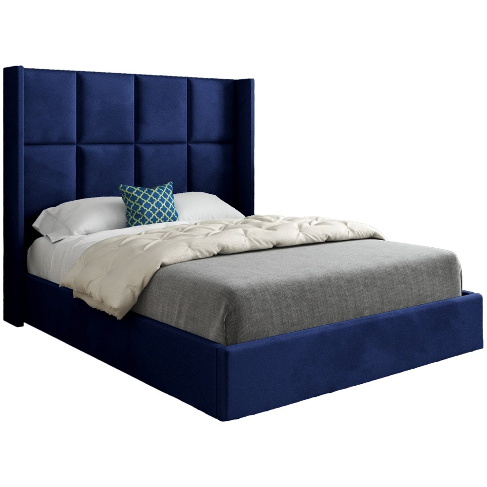 Quanta Double Blue Soft Velvet Upholstered Bed Frame with Straight Winged Headboard Image 2