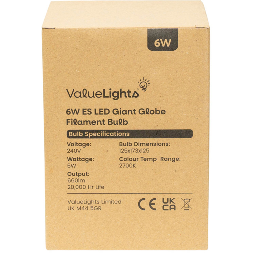 ValueLights 6W 2700K Warm White Filament Amber Glass E27 Globe Light Bulb 2 Pack Image 2