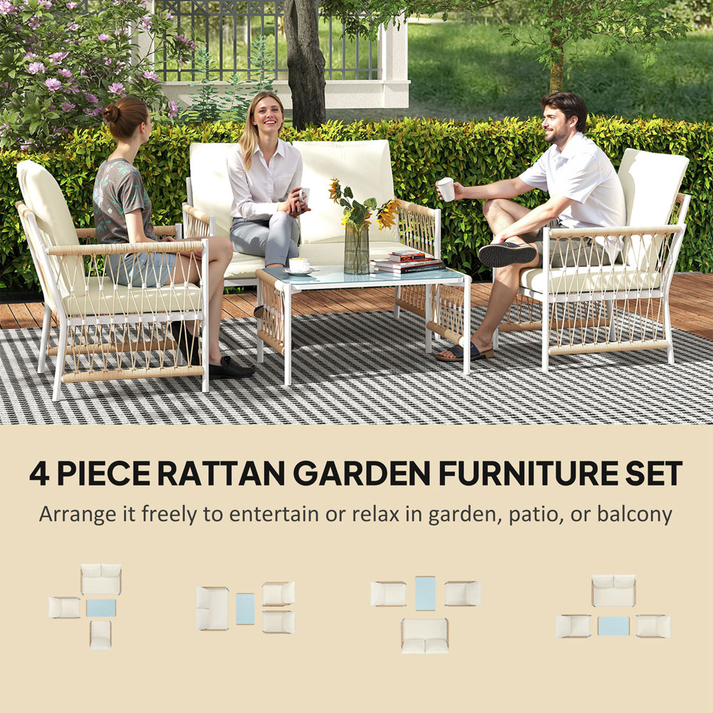 Outsunny 4 Seater Khaki Rattan Garden Sofa Set with Glass Top Table Image 8