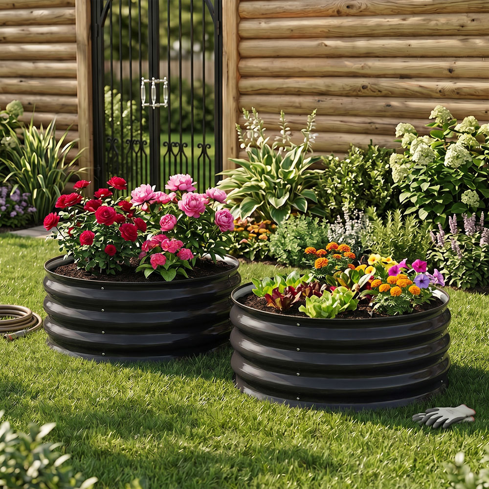 Living and Home Black Round Metal Raised Garden Bed with Open Bottom 60 x 30cm 2 Pack Image 3