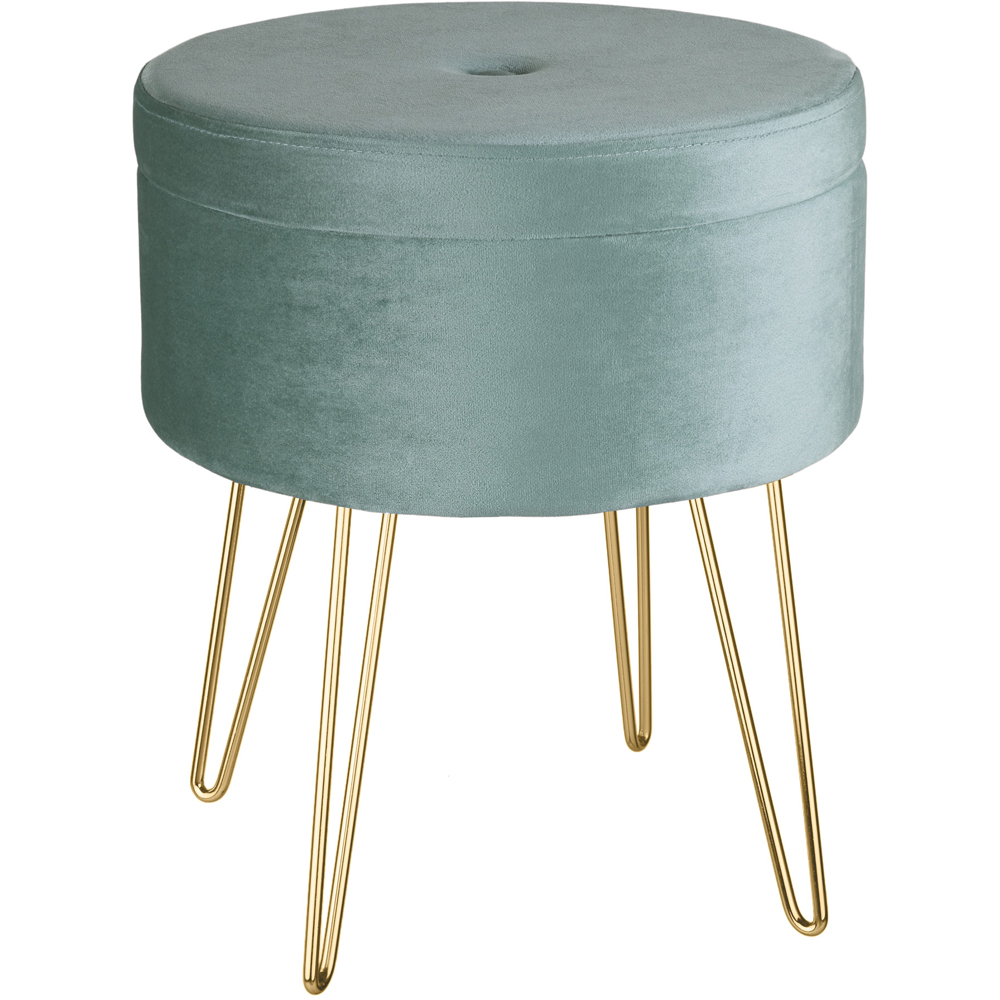 tectake Ava Turquoise Velvet Look Padded Round Stool with Storage Image 2