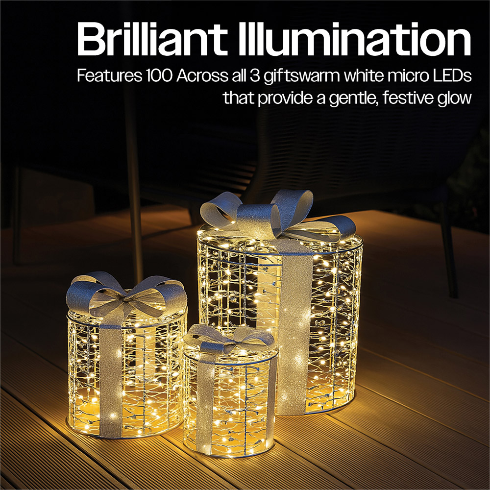 Xmas Haus Silver 100 Warm White LED Round Gift Box Christmas Decoration Set of 3 Image 5