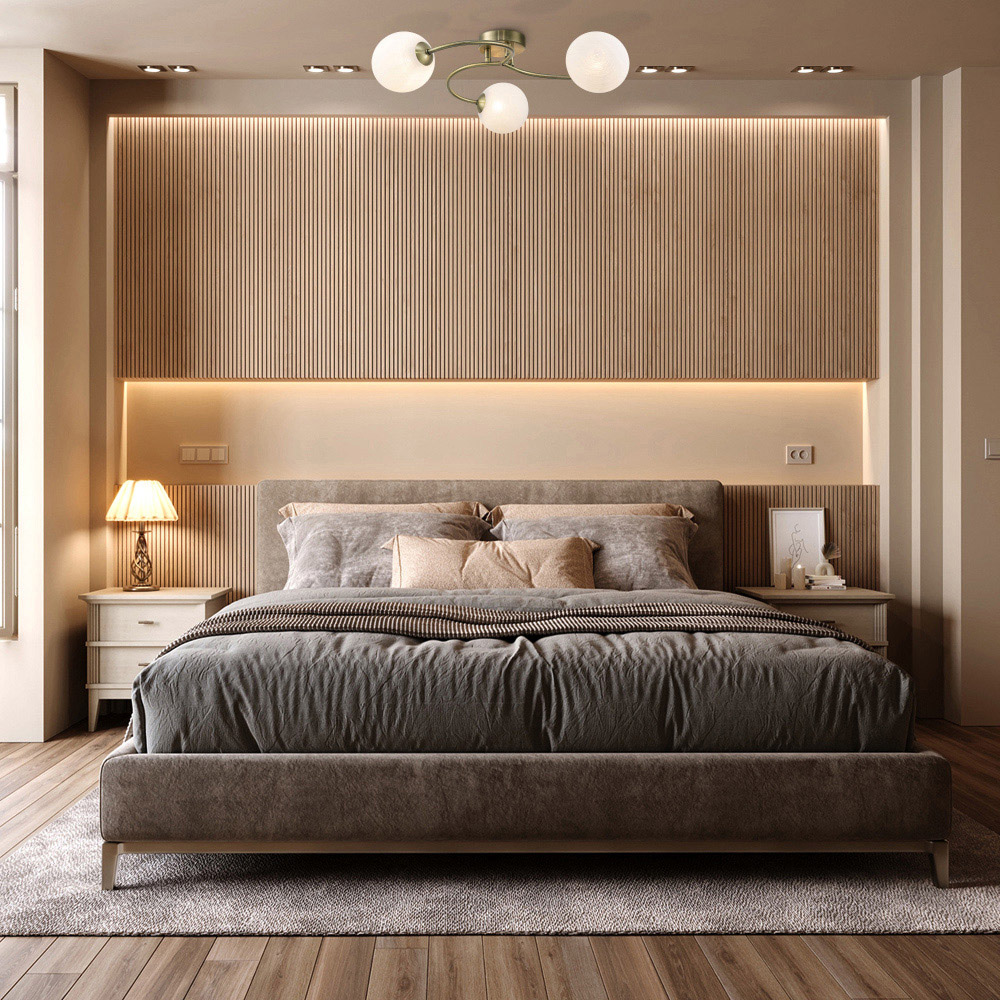 Happy Homewares 3 Arm Antique Brass Ceiling Light with Opal Swirl Glass Spherical Shades Image 2