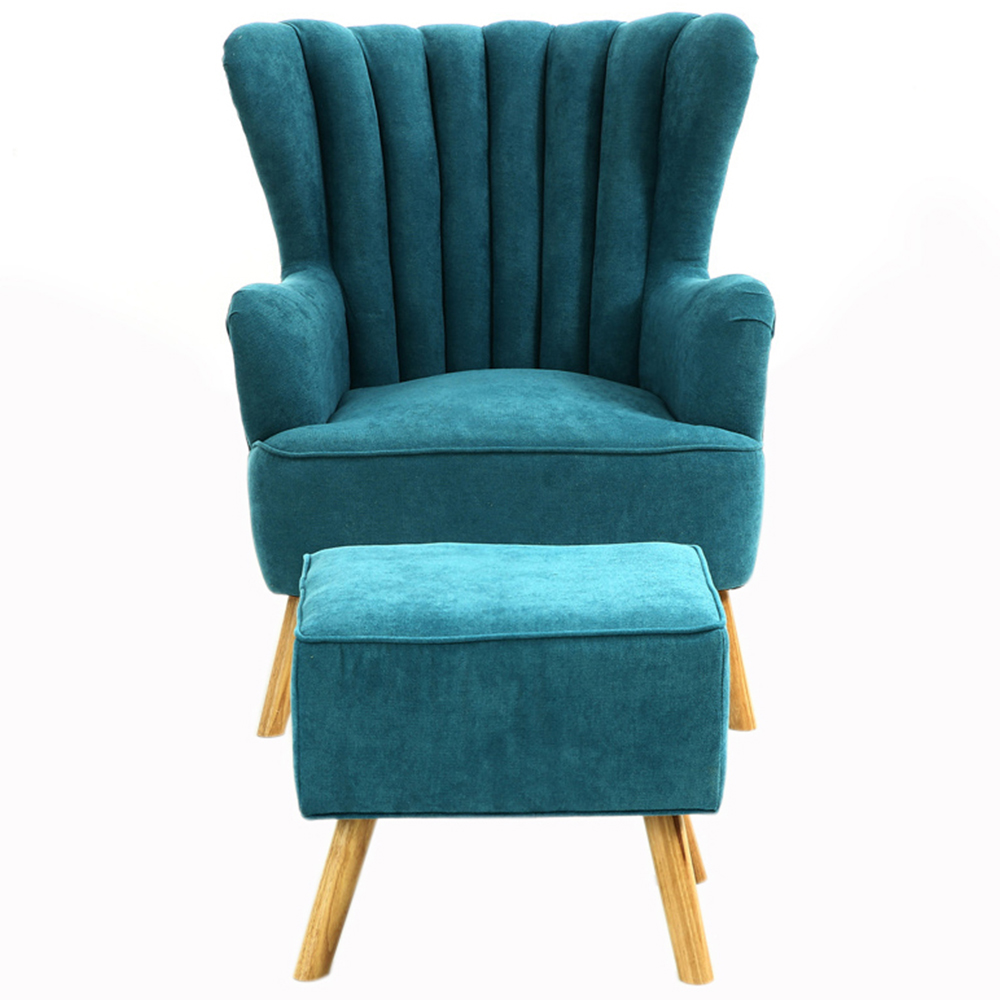 Living and Home Blue Faux Wool Upholstered Armchair with Footstool Image 3
