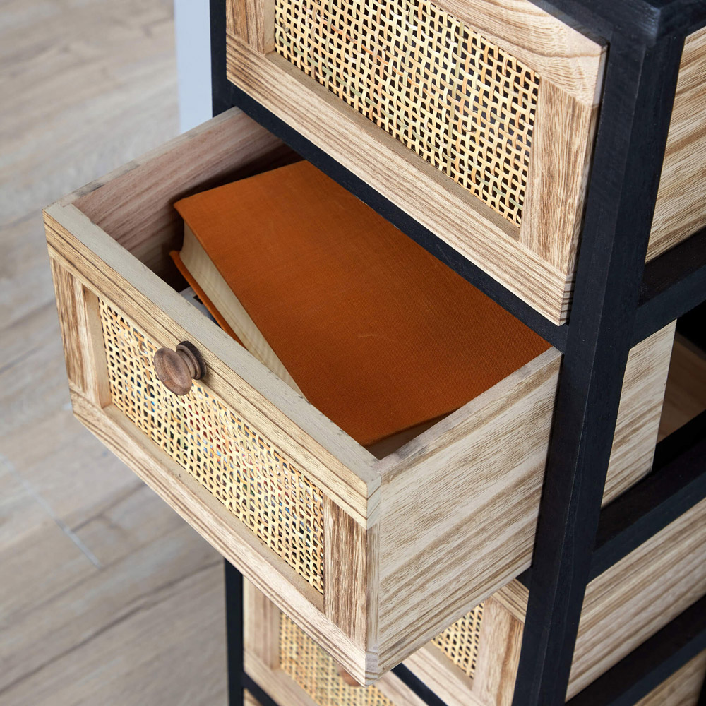 Home Source Mosina 5 Drawer Black and Rattan Solid Wooden Storage Unit Image 4