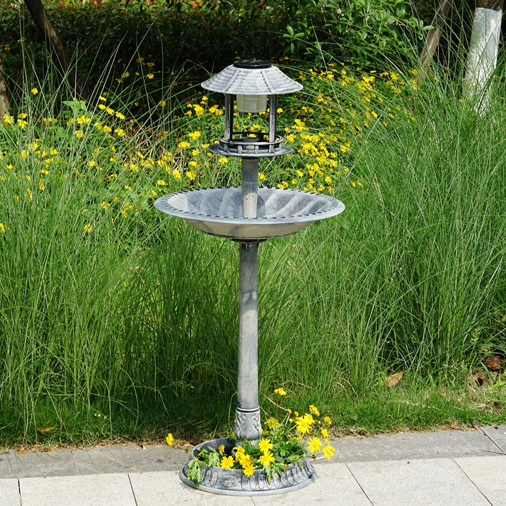 Gr8 Garden Grey Pedestal Solar Powered Bird Bath and Feeder with Planter Image 2