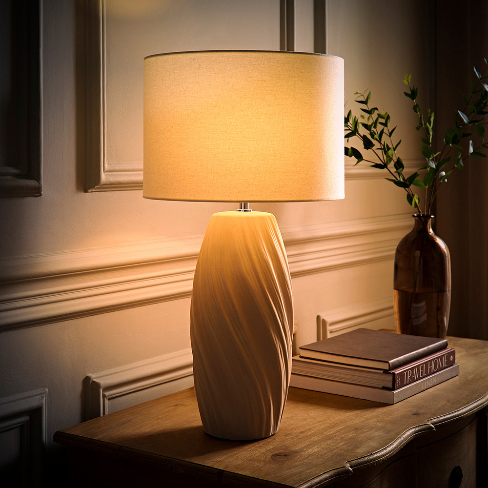 ValueLights Lydia Natural Linen Drum Lamp Shade Tall Swirl Natural LED Table Lamp Image 2