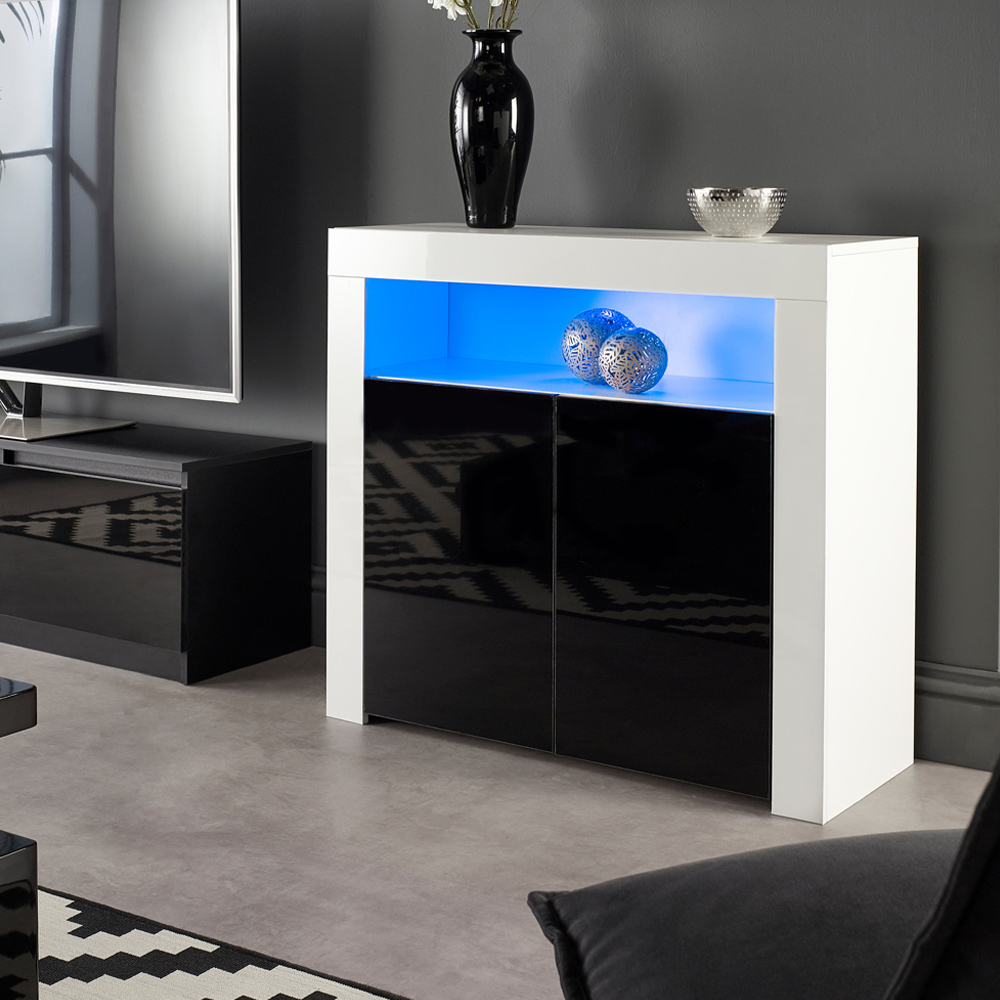 MMT Furniture Designs 2 Door Single Shelf Matt Gloss White and Black Modern Buffet Cabinet with LED Image 4