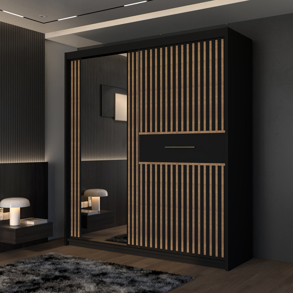 M N Furniture Laiyal 2 Door Black Mirrored Sliding Wardrobe with Oak Strip 203cm Image 5