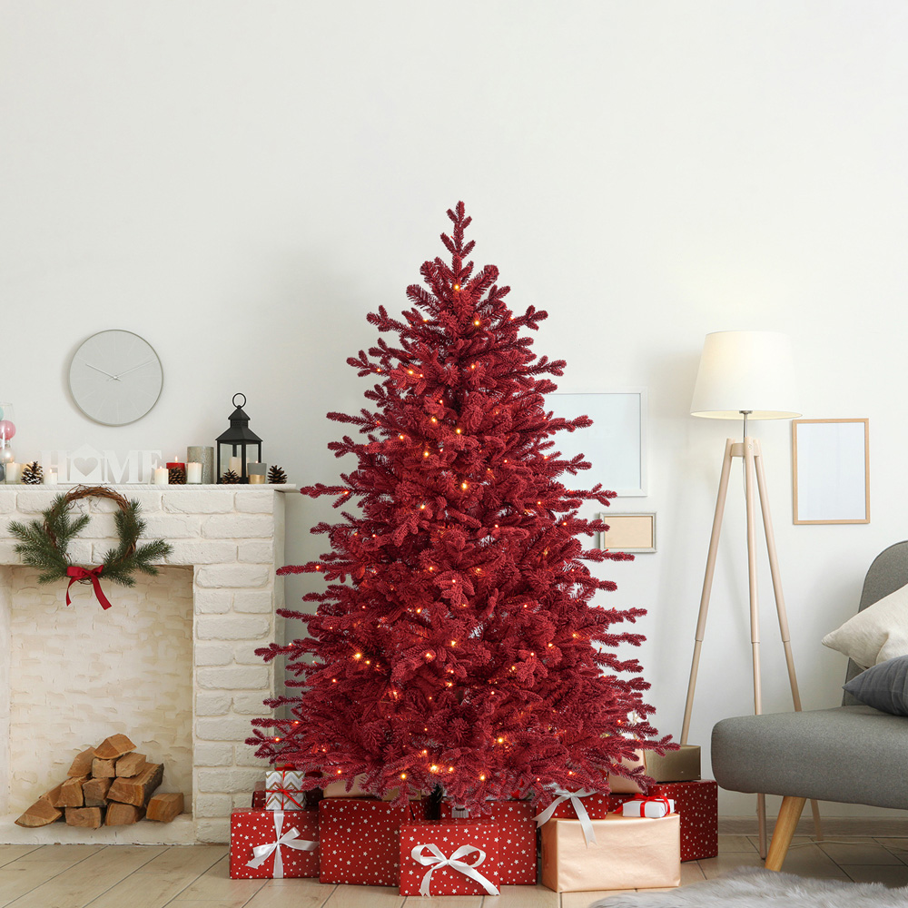 Evergreen Classics Warm White Pre-Lit Red Velvet Flocked Artificial Christmas Tree with Stand 6ft Image 2