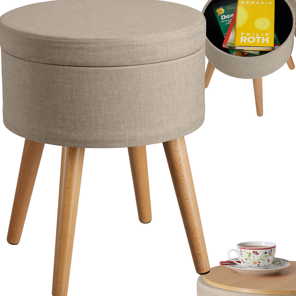 tectake Yara Sand Linen Look Padded Round Stool with Storage Image 2