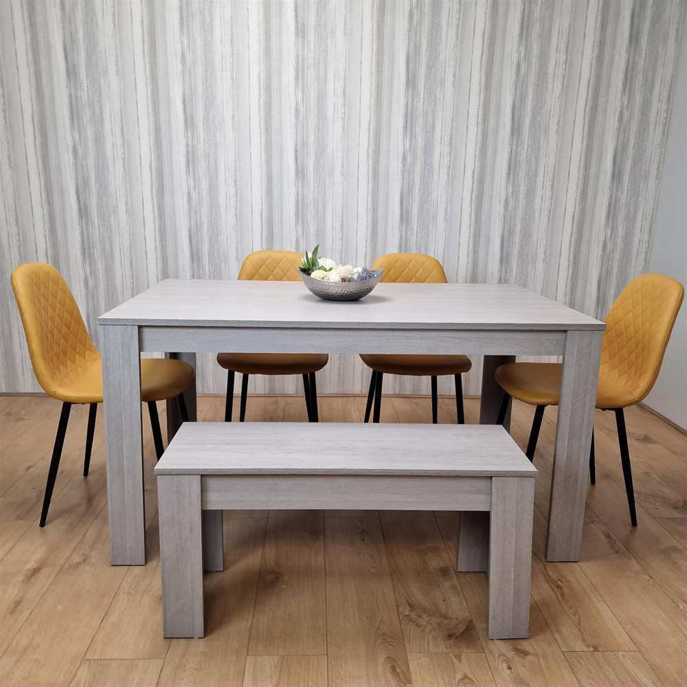 Portland Leather and Wood 6 Seater Dining Set Light Grey and Mustard Image 2