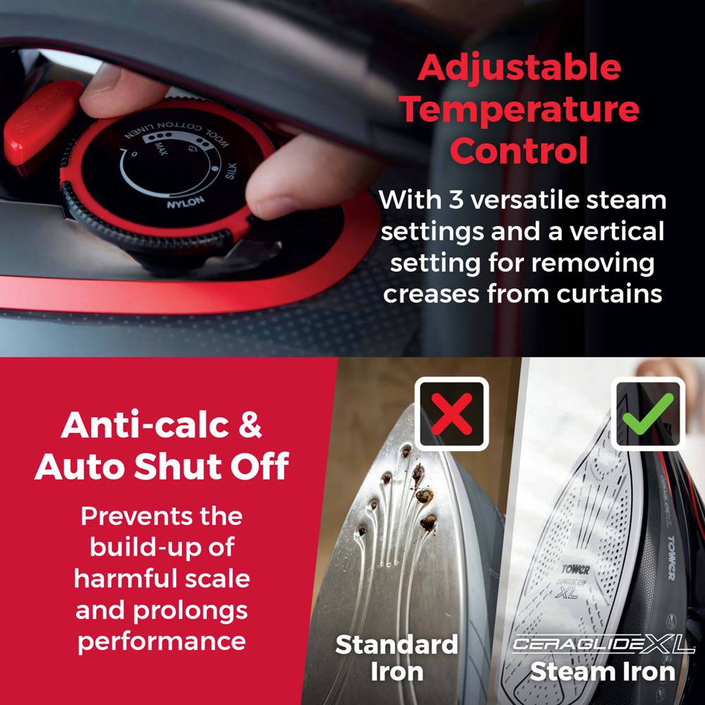 Tower Red and Black Cordless Steam Iron with Extra Large Sole Plate Image 4