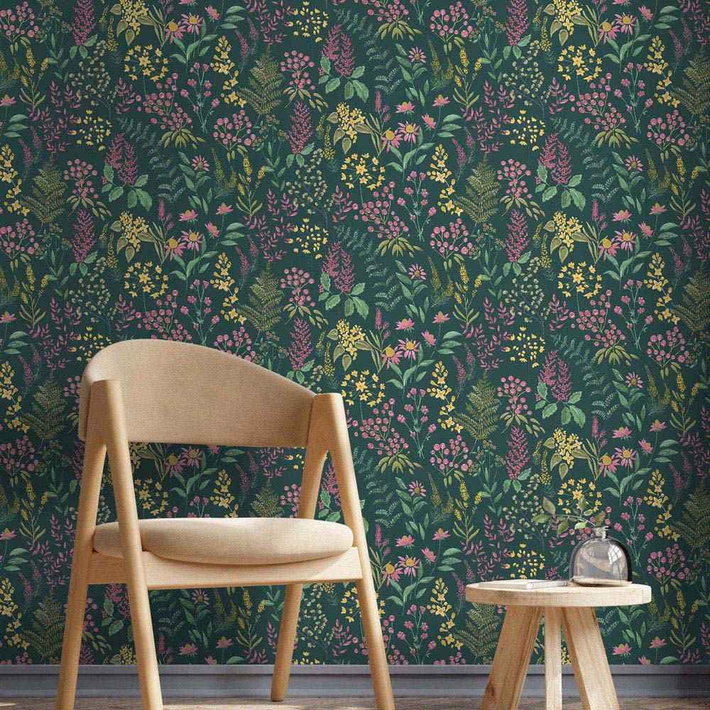 Holden Floral Sprig Teal Pink Wallpaper Image 3