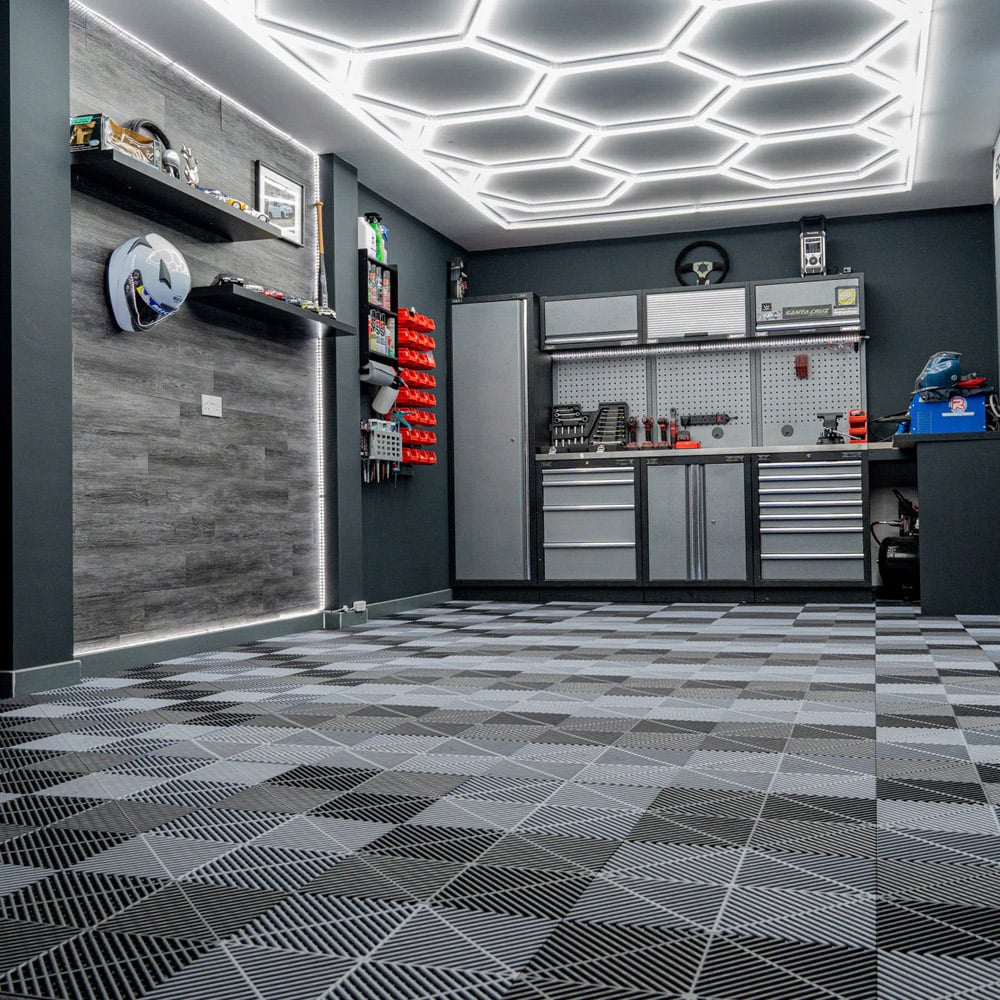 MonsterShop 120 Black and 120 Grey Vented Garage Floor Tiles with Edges and 2 x 14 Hexagon LED Light Image 2