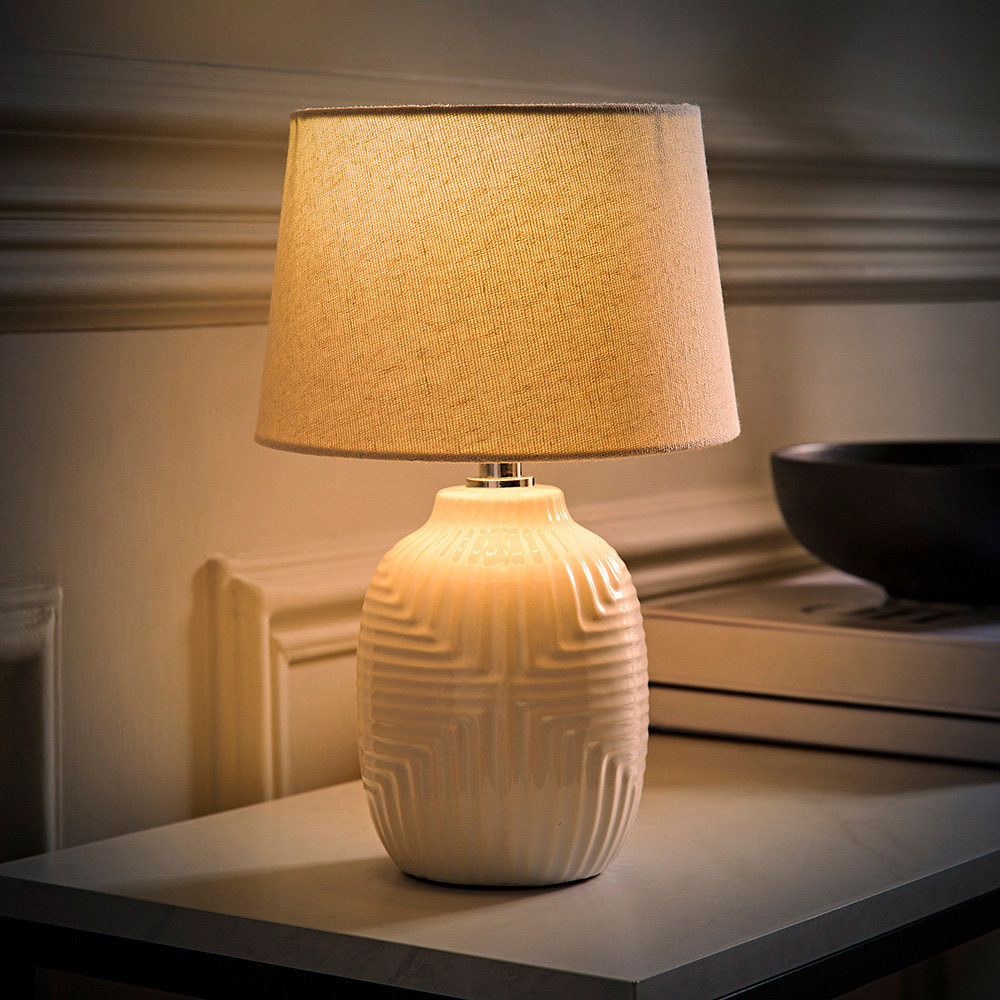 ValueLights Harrison Taper Shade White Geo Ribbed Pattern Gloss Small LED Table Lamp Image 2