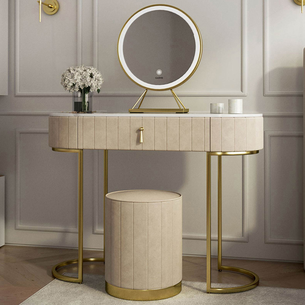 CARME Home Miami Deco Single Drawer Cream Velvet Dressing Table Set with LED Mirror Image 1