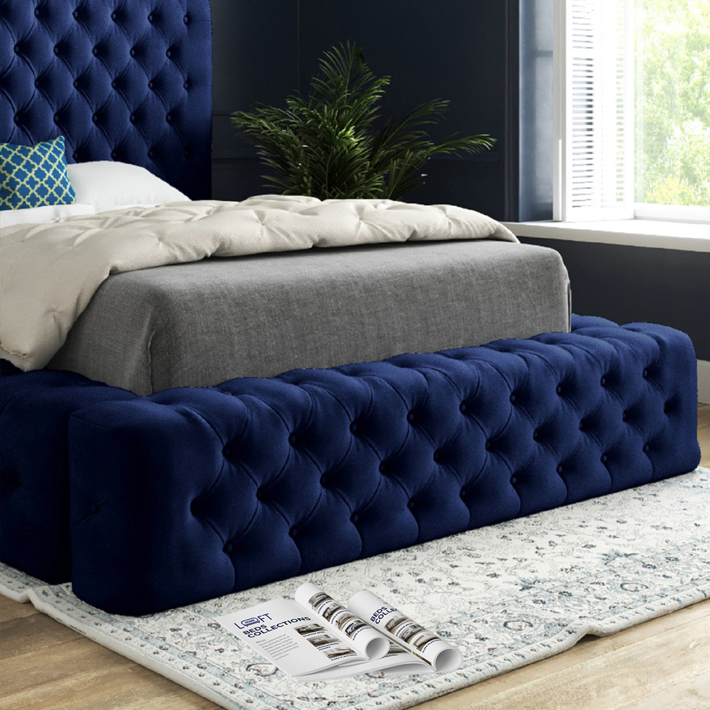 Grand Milan Blue Small Single Upholstered Bed Frame with Pleated Chesterfield Headboard Image 4