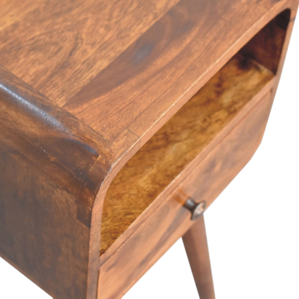 Artisan Furniture Mini Chestnut Single Drawer Single Shelf Mango Wood Curved Open Bedside Table Image 6